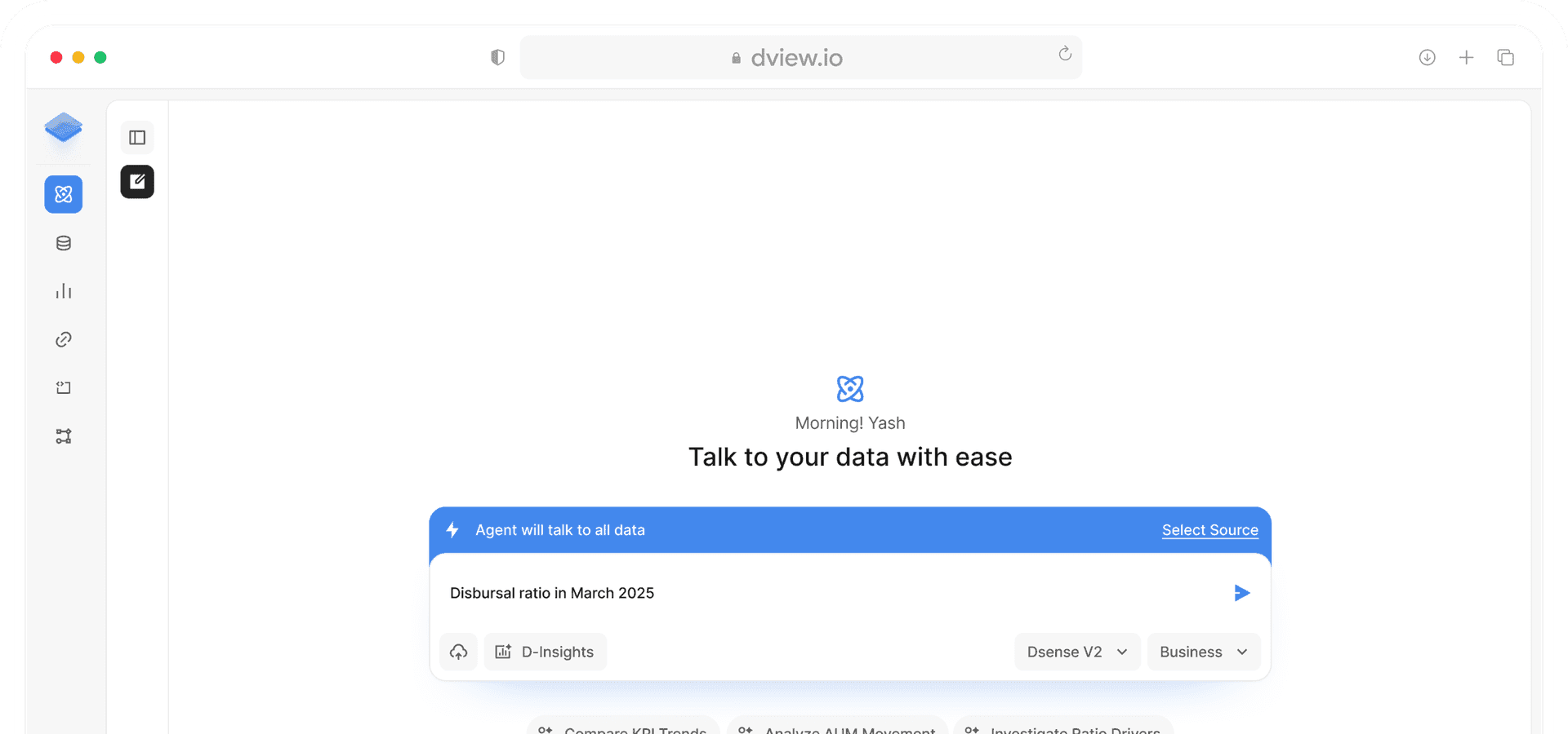 Dview platform interface showing conversational AI and data analytics