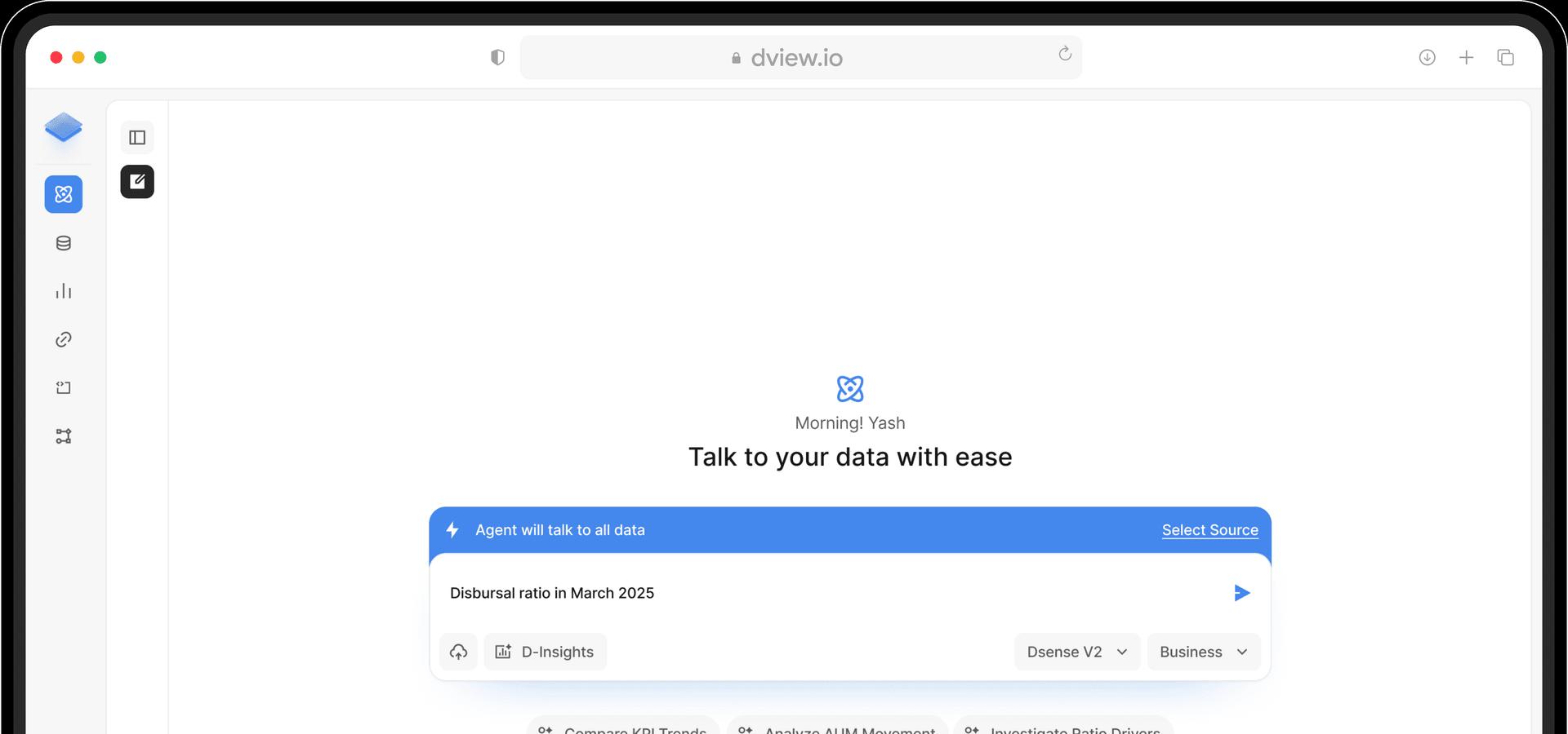 Dview platform interface showing conversational AI and data analytics